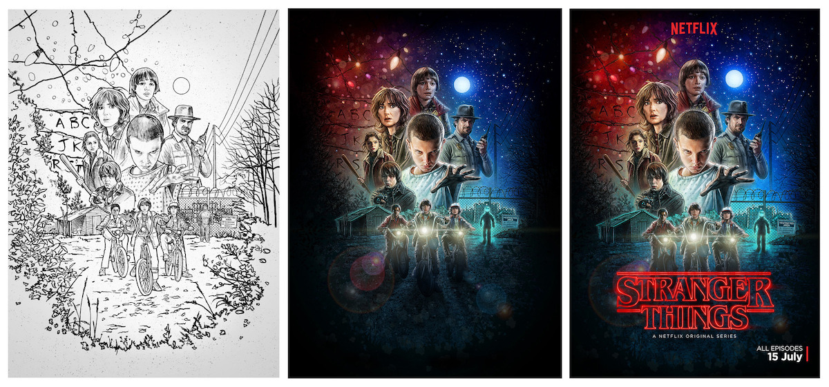 Triptych of the design process for the ‘Stranger Things’ Season 1 key art.