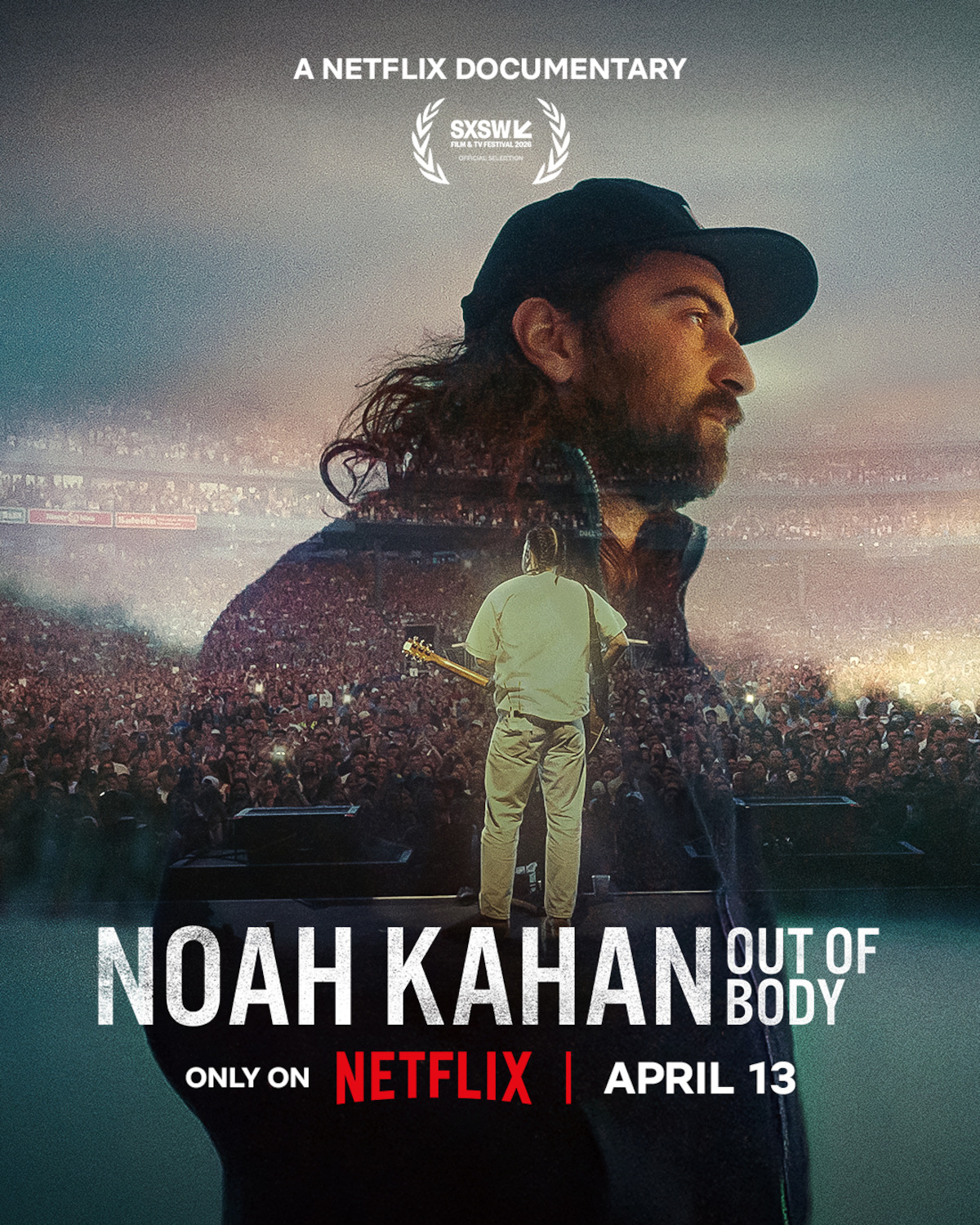 A pensive looking portrait of musician Noah Kahan overlaid on top of a photo of him performing to a crowd. The text says Noah Kahan, Out of Body, only on Netflix April 13.