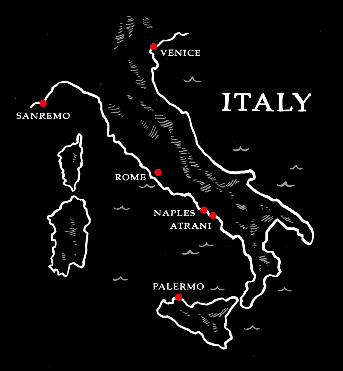 Illustrated locator map of Italy with Sanremo, Rome, Naples, Atrani, and Palermo