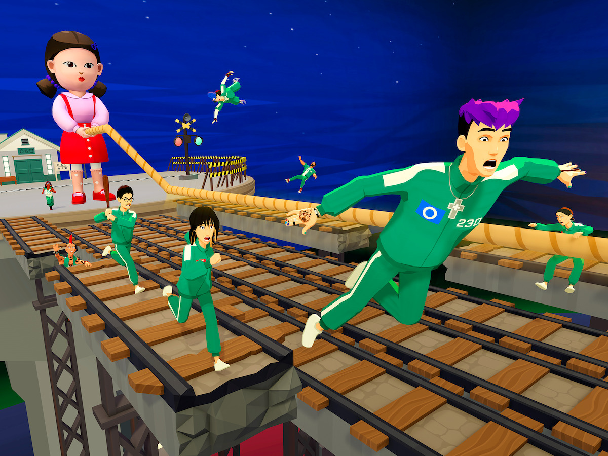 An in-game screenshot from ‘Squid Game: Unleashed,’ featuring game characters competing against each other in the challenge Red Light, Green Light