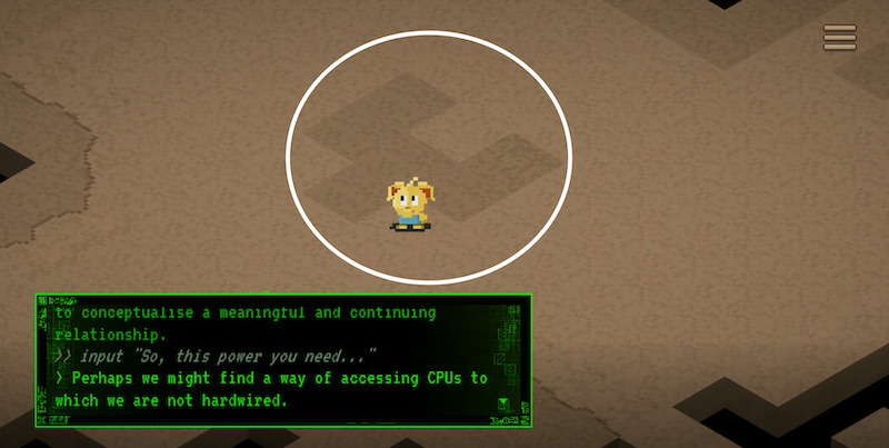 Pixel art scene showing a yellow Thronglet standing on a large, abstract icon embedded in the ground, with green terminal-style text at the bottom referencing CPUs and power.