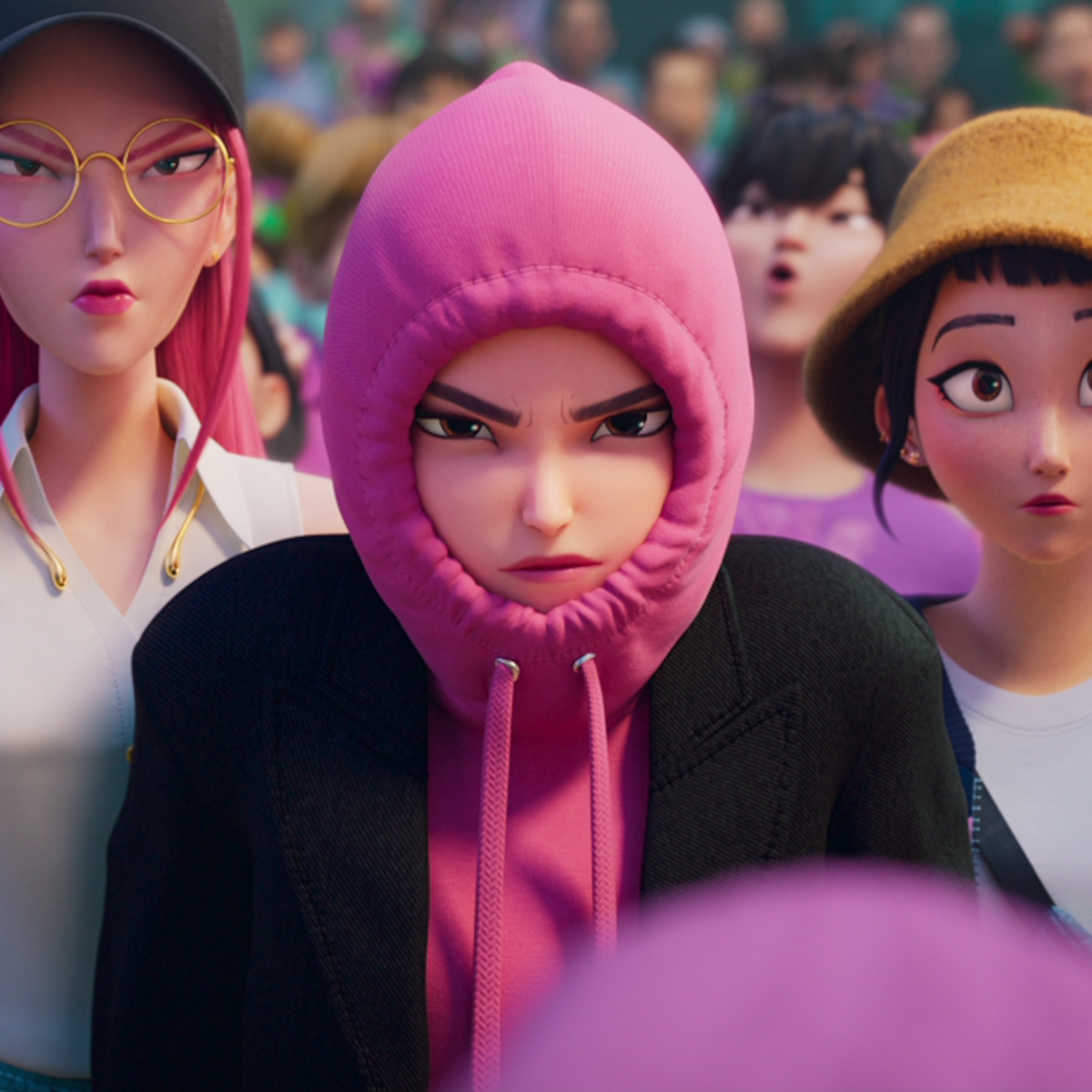 Rumi wearing a pink hoodie in ‘Kpop Demon Hunters.’