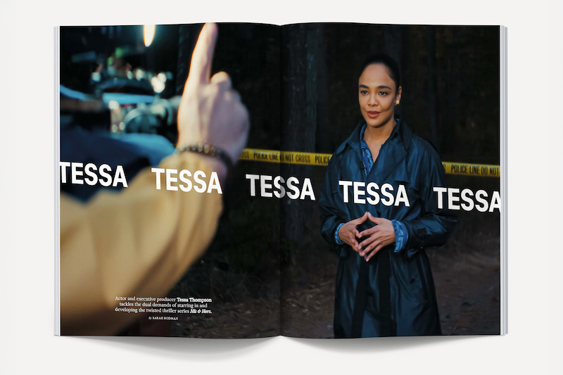 A woman stands in a dark forest with police tape behind her, being filmed or interviewed, while someone gestures in the foreground. Large text repeating "TESSA" overlays the image. The setting suggests a crime or investigation scene.