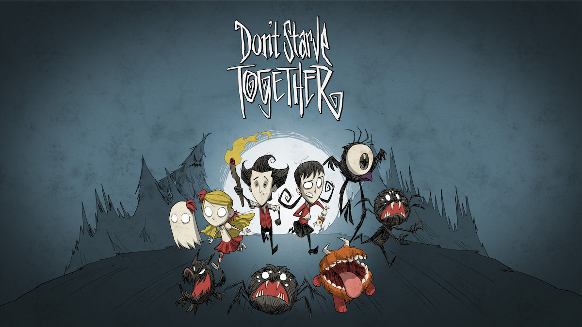 Happy game characters running toward you surrounded by a spooky forest.