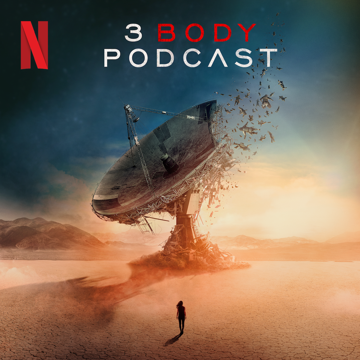 3 Body Podcast key art. A view of a crumbling radio telescope as a woman walks toward it.