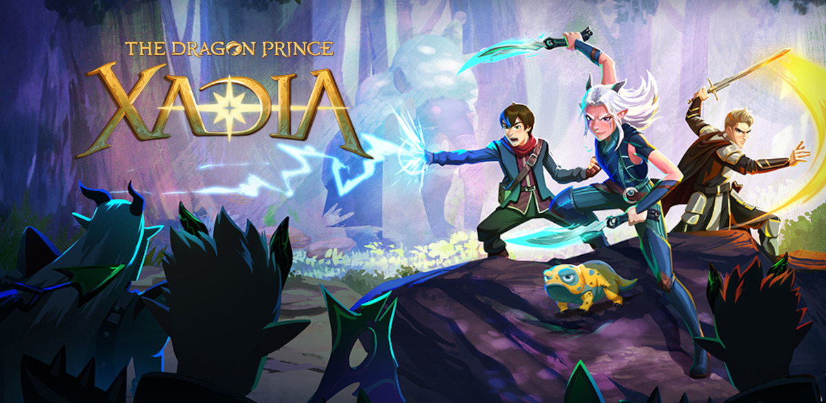 the Dragon Prince: Xadia Key art - A group of heros standing on a rock holding swords, with a tough looking little creature.
