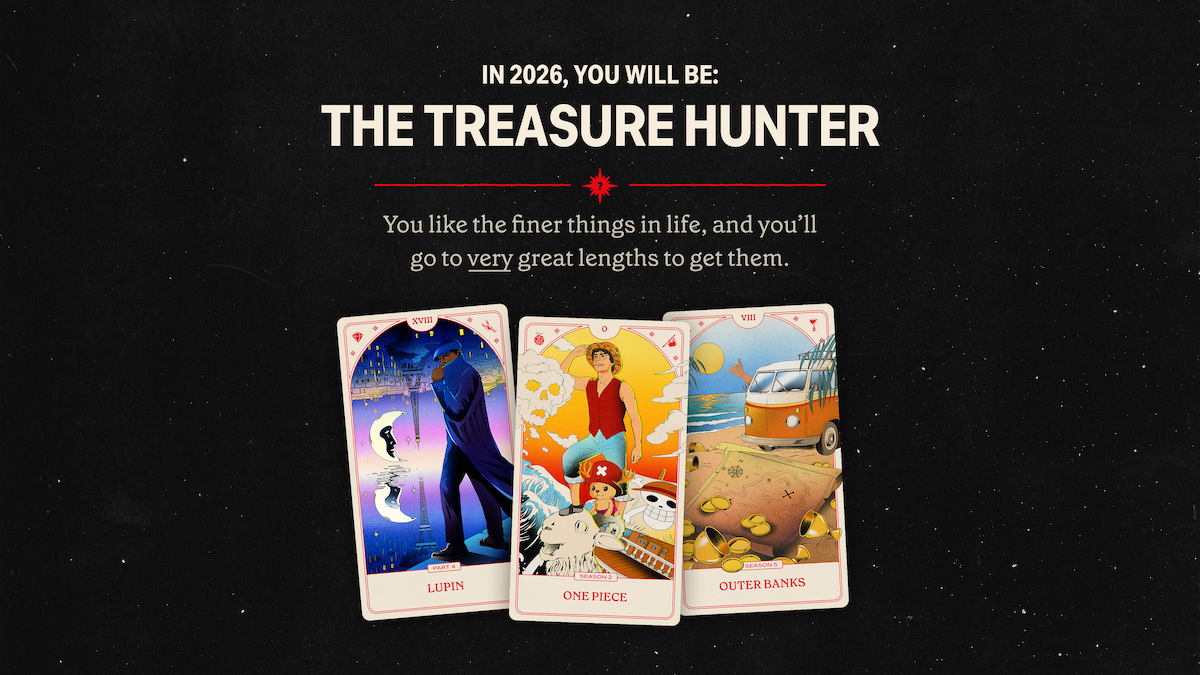 A themed prediction card display titled "The Treasure Hunter" for 2026, with illustrated cards for Lupin, One Piece, and Outer Banks, set against a black background with decorative text about seeking finer things in life.