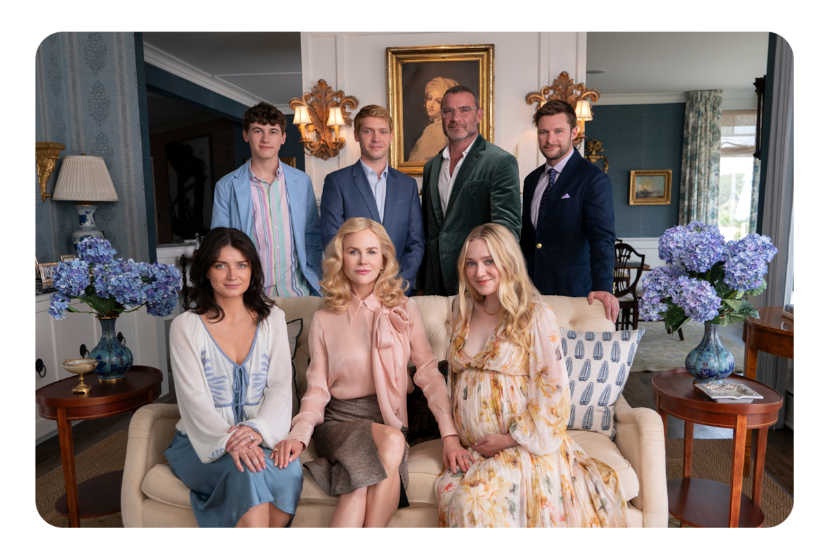 Eve Hewson as Amelia Sacks, Sam Nivola as Will Winbury, Nicole Kidman as Greer Winbury, Billy Howle as Benji Winbury, Liev Schreiber as Tag Winbury, Dakota Fanning as Abby Winbury, Jack Reynor as Thomas Winbury in episode 103 of “The Perfect Couple”