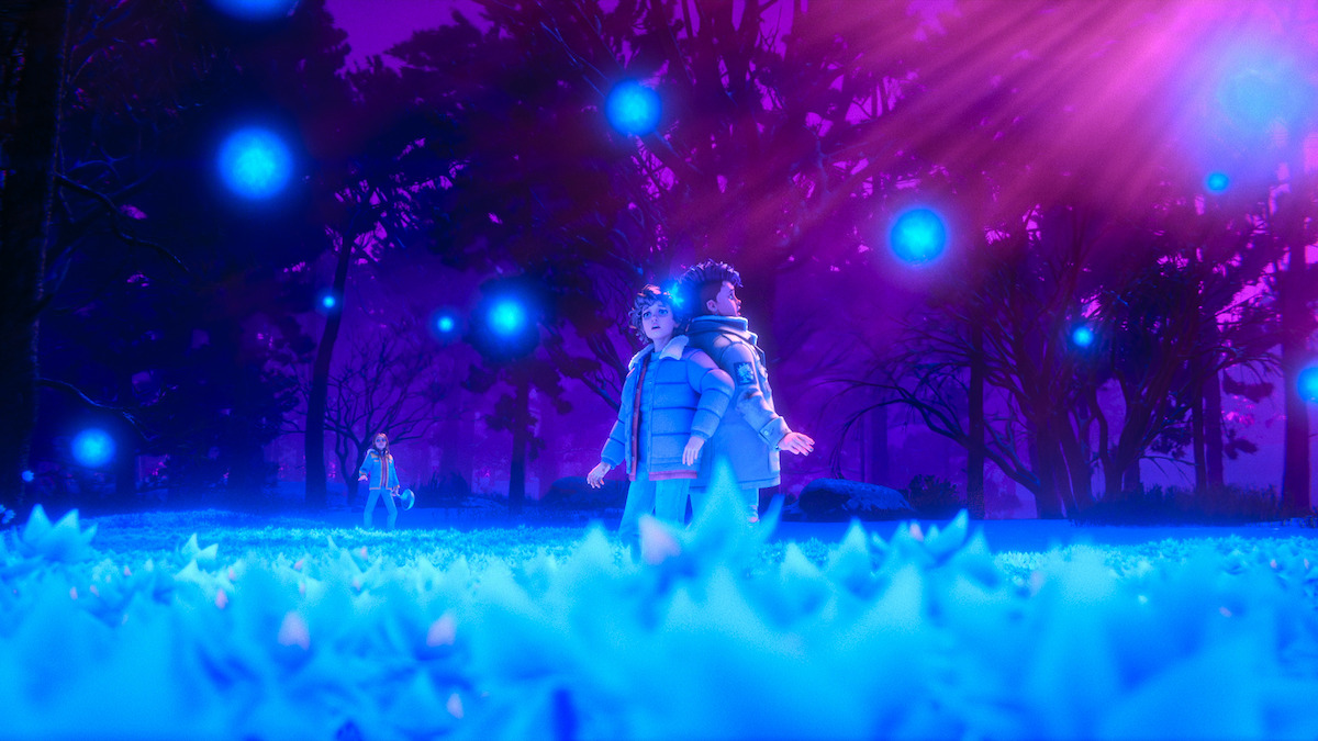Two animated children stand back to back in a glowing, blue-illuminated field with floating orbs at night, surrounded by tall trees under a purple sky with light rays. Another child appears in the distant background.