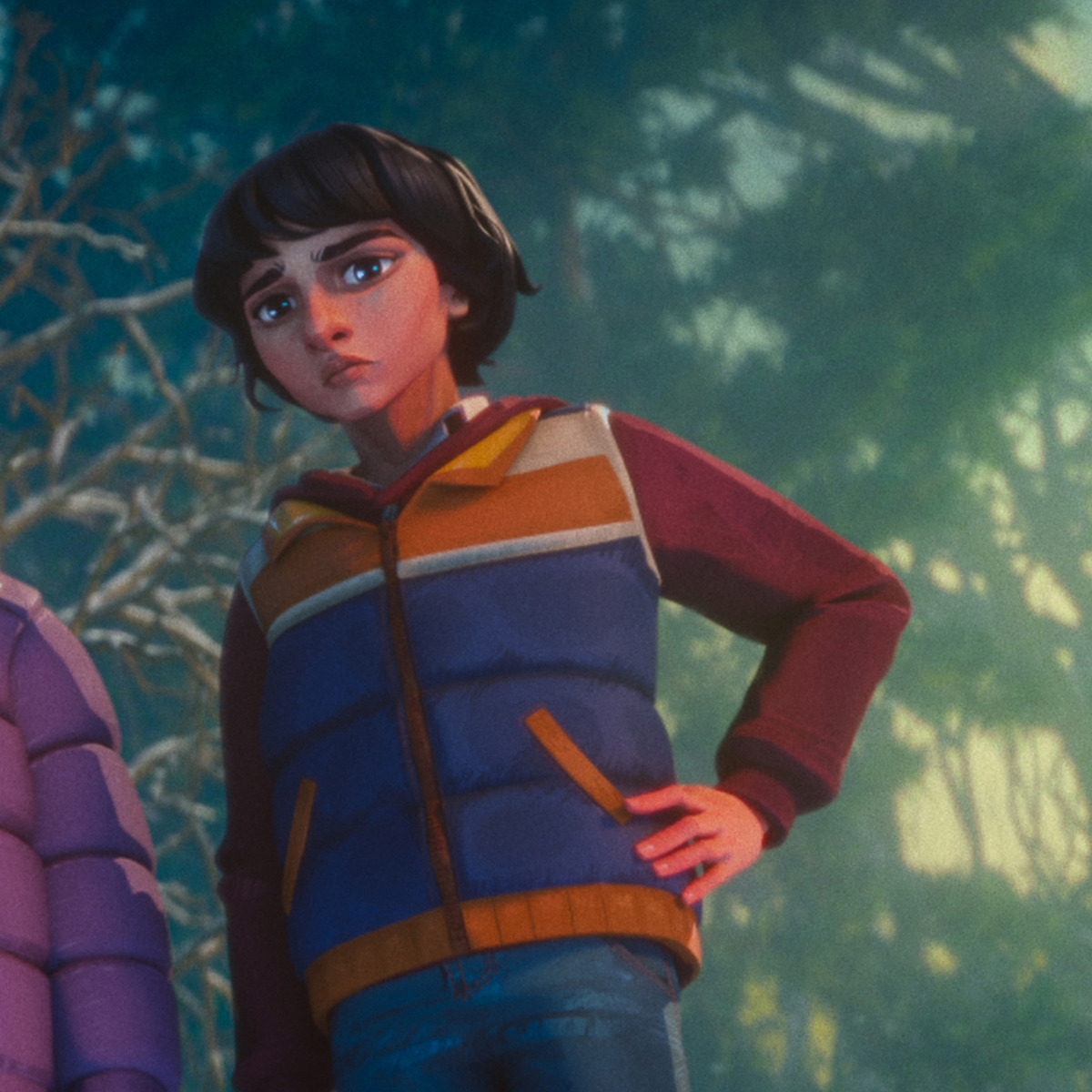 Animated child with serious expression, wearing a colorful puffer jacket, stands with hand on hip in a forest setting with sunlight filtering through the trees.