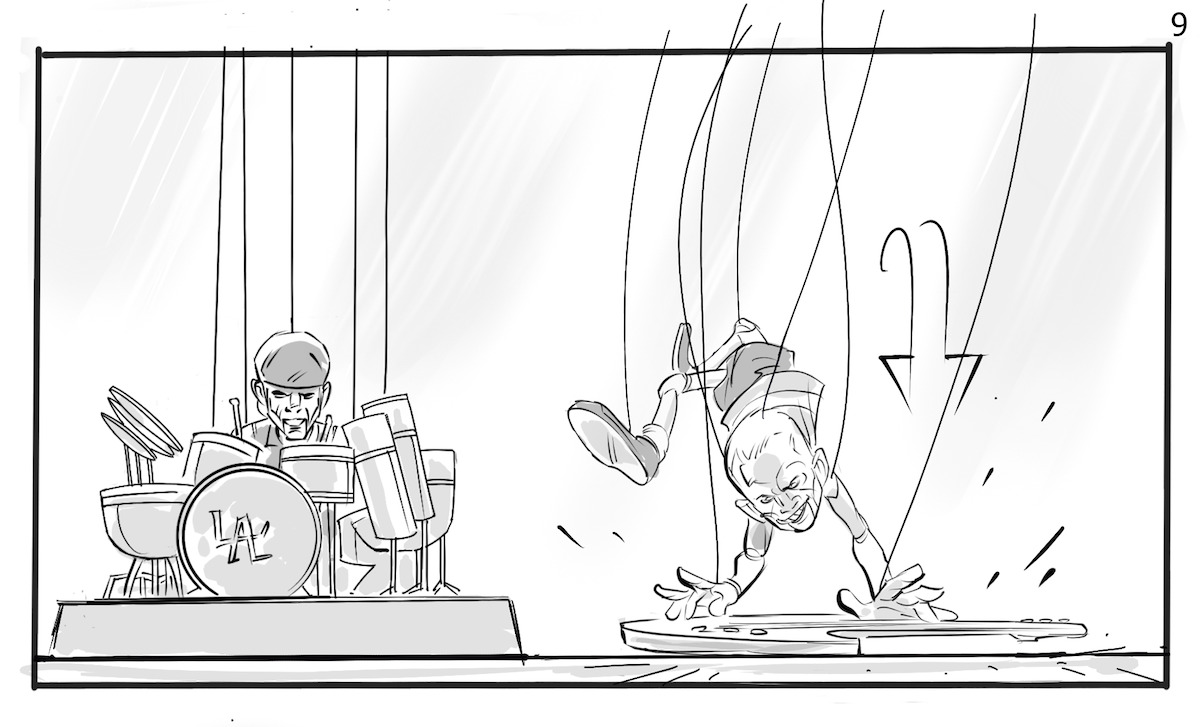 Storyboard sketch of the puppet versions of Anthony Kiedis, Flea, and Chad Smith playing their instruments on stage.