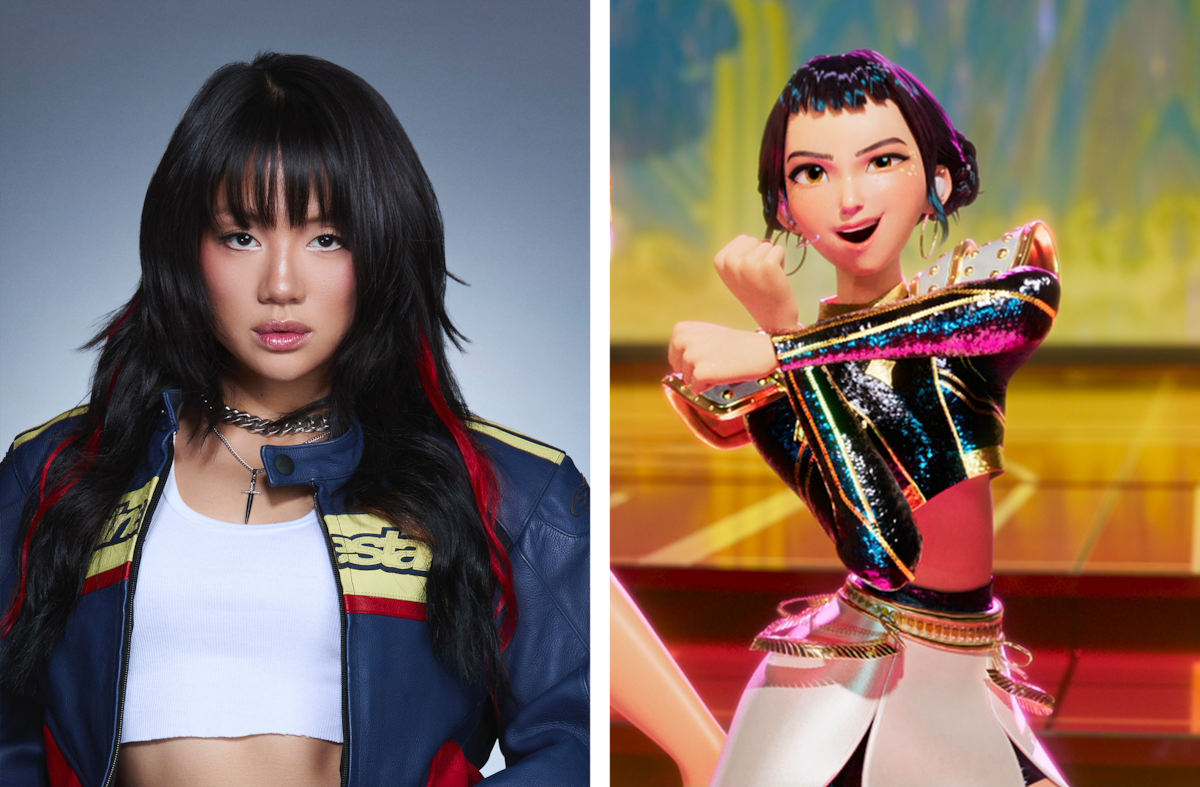 Split image: left side shows REI AMI with black hair in a blue jacket posing against a neutral studio background; right side shows Zoey, an animated character with short dark hair dancing in a colorful, vibrant setting.