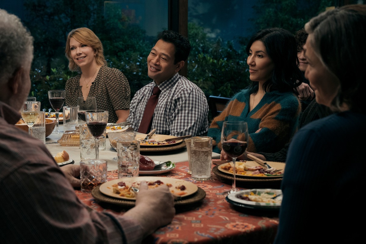 A Man on the Inside. (L to R) Stephen McKinley Henderson as Calbert, Mary Elizabeth Ellis as Emily, Eugene Cordero as Joel, Stephanie Beatriz as Didi, Lincoln Lambert as Nico, Constance Marie as Vanessa in episode 205 of A Man on the Inside. Cr. Colleen E. Hayes/Netflix © 2025