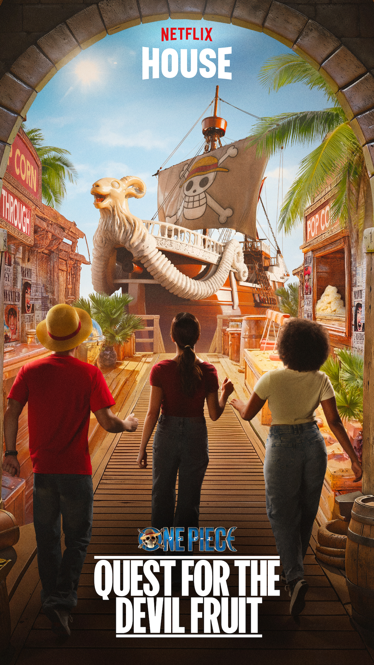 Three people walk toward a pirate ship with a sheep figurehead in a lively, tropical harbor setting, surrounded by palm trees and food stalls, evoking adventure and excitement. "One Piece Quest for the Devil Fruit" text is present.