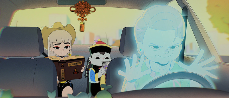 Ali Wong as Jentry, Bowen Yang as Ed, and Lori Tan Chinn as Gugu sit in the back seat of a car while a ghost drives it in 'Jentry Chau vs. the Underworld'