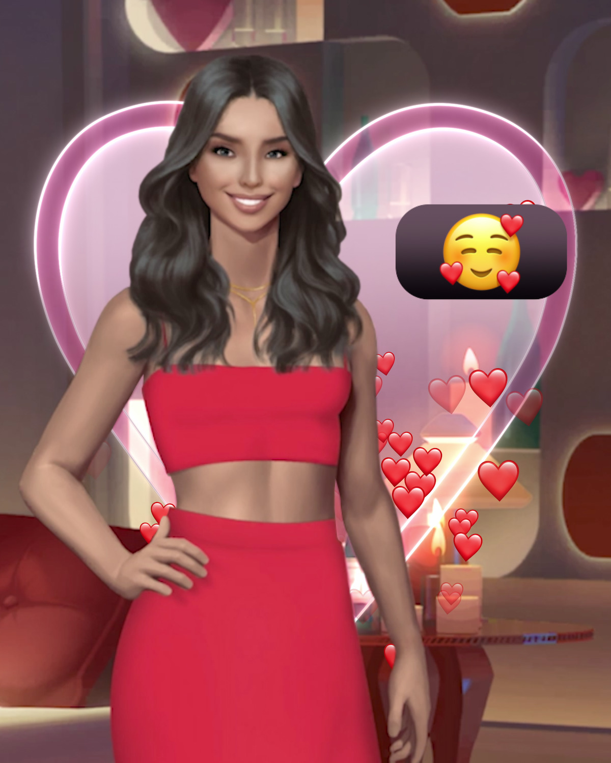 Illustrative game art for the mobile game ‘Netflix Stories: Love Is Blind’, featuring a woman in a red singlet and a red skirt, with love heart emojis surrounding her.