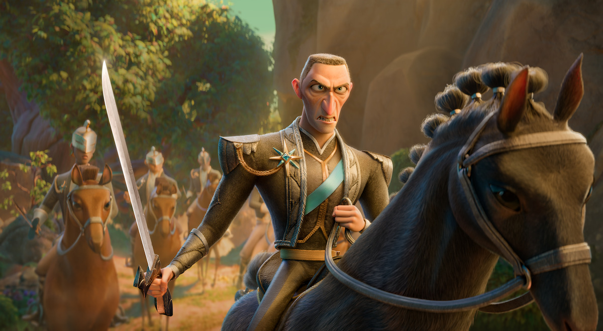 Animated knight with a sword rides a horse, leading an armored group through a forest path with rock formations and greenery in the background, suggesting a fantasy or medieval setting.