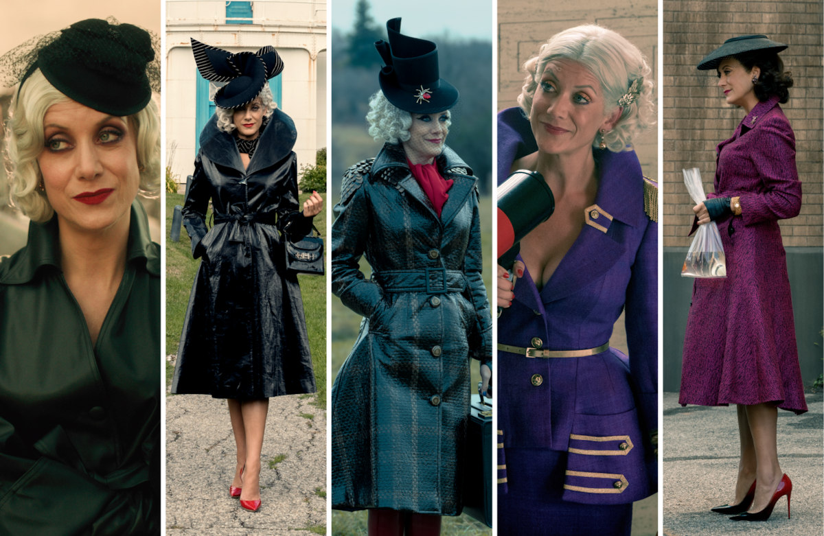 A split screen showing five different outfits on Kate Walsh as The Handler in ‘The Umbrella Academy’