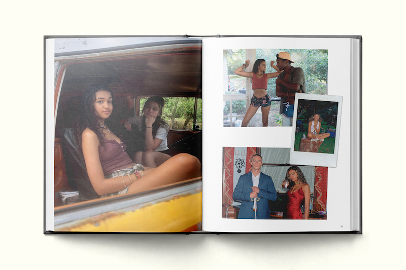 Photo book showing young women in casual summer clothes sitting in a car, and collage of candid moments with friends outdoors, one man in formal attire, against indoor and outdoor backgrounds.