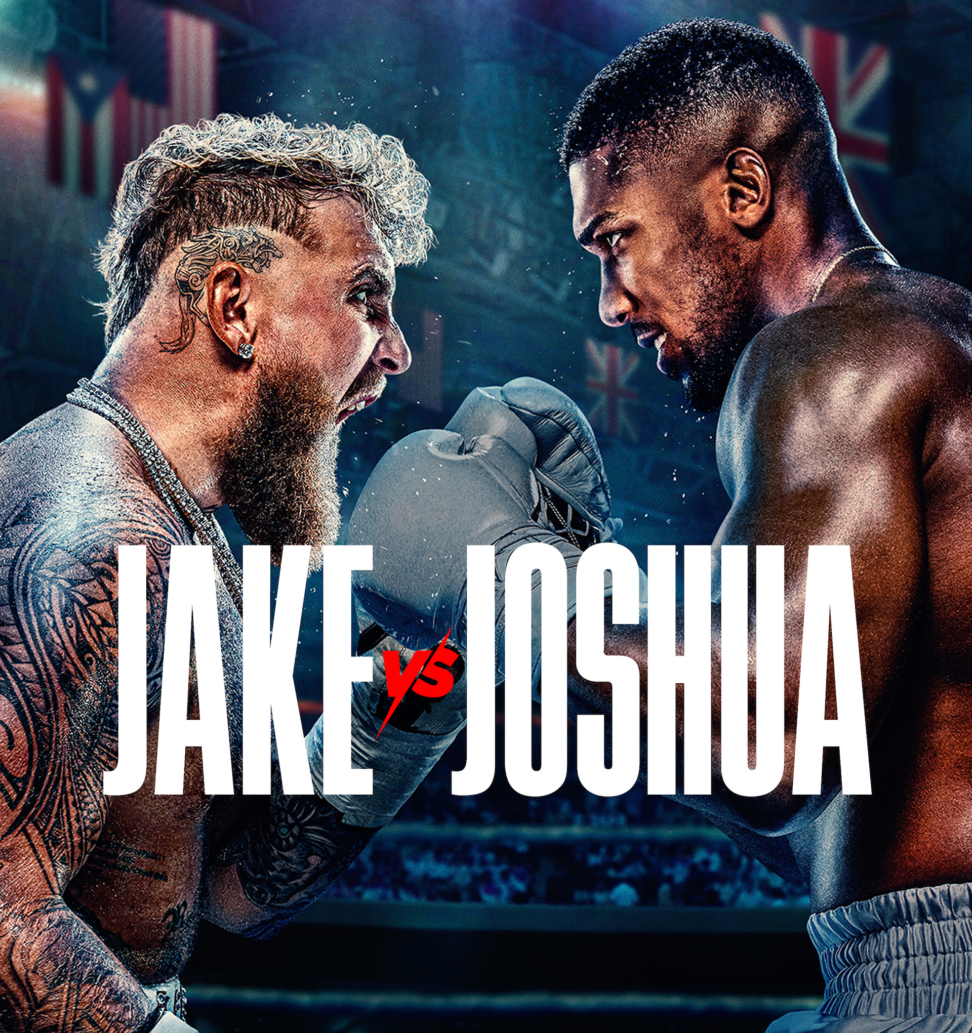 Jake Paul and Anthony Joshua face off shirtless in a dramatic, intense promotional poster with their country flags in the background