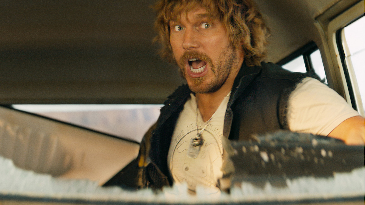 Chris Pratt drives a truck with a broken windshield in 'The Electric State'