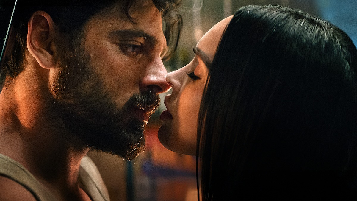 Michele Morrone and Megan Fox close in for a kiss in an image from the film ‘Subservience.’