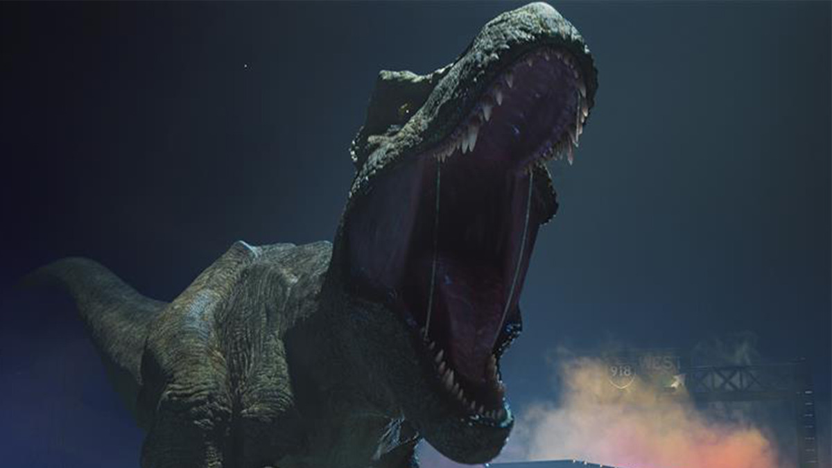 A dinosaur roars in ‘Jurassic World: Chaos Theory.’