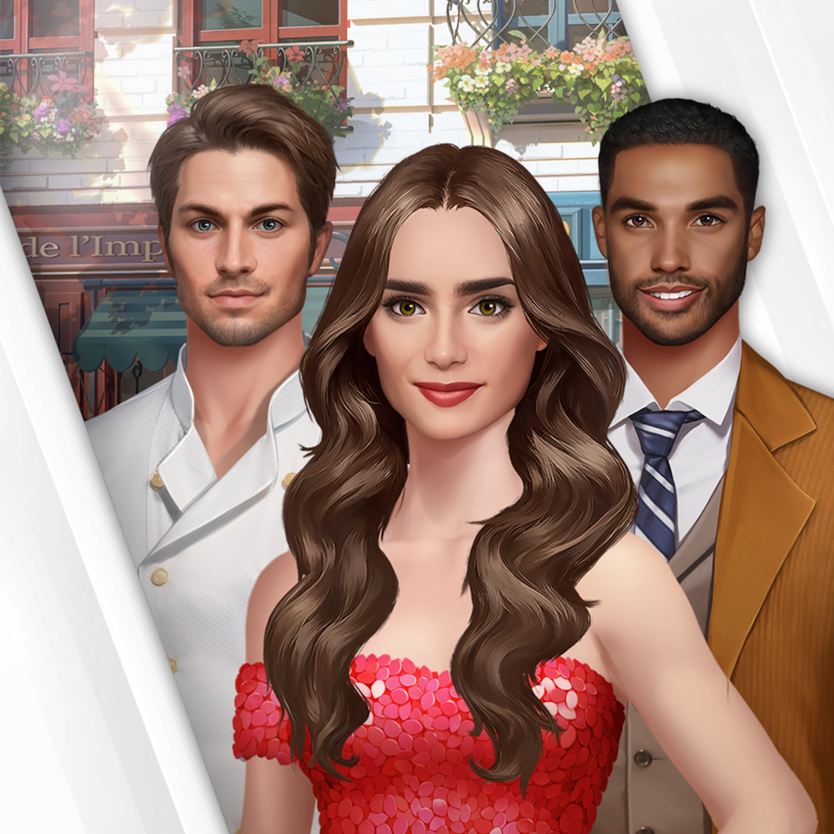 Game illustration featuring Emily in the middle, with love interest Charlie on her left and Alexandre on her right.