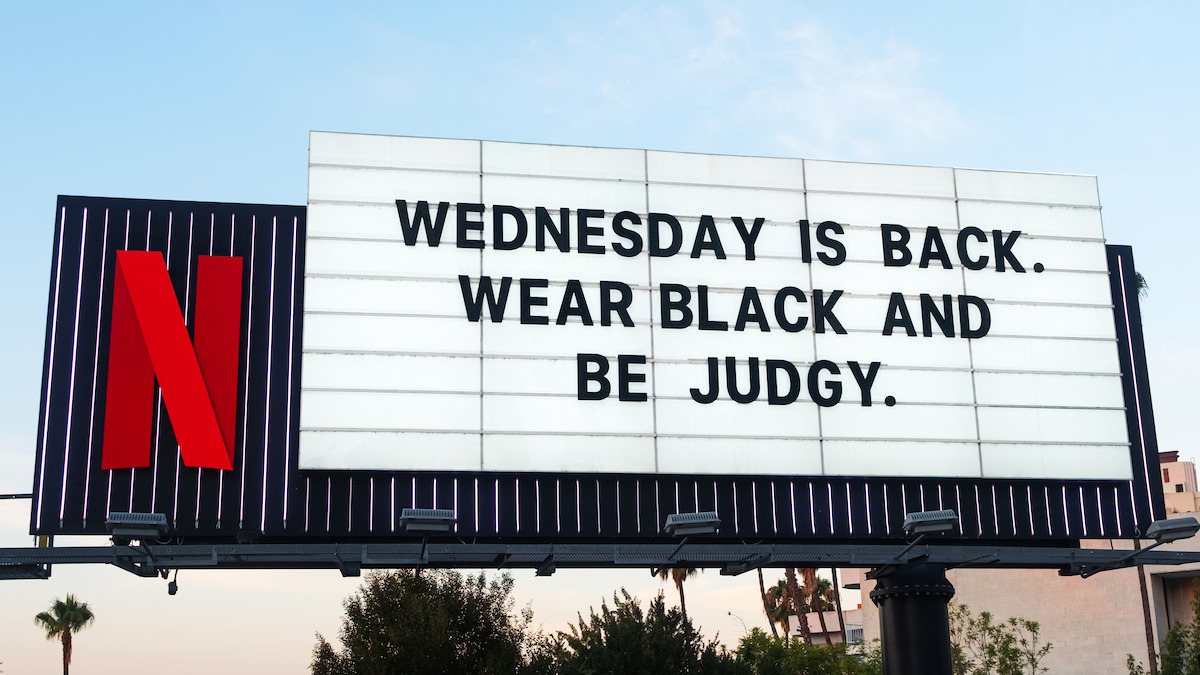 Wednesday Sunset Blvd Billboard ‘Wednesday is back. Wear black and be judgy.’