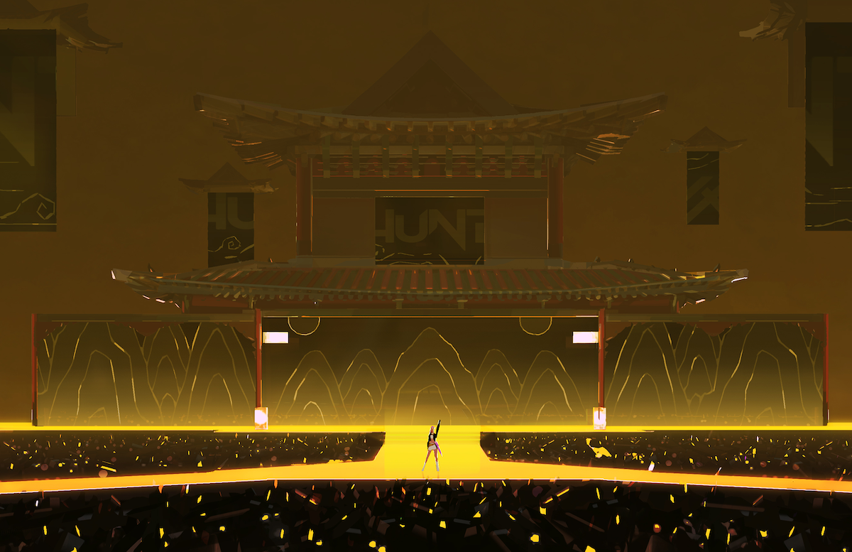 A lone performer stands on a bright yellow stage under a large, traditional Asian-style roof, surrounded by a cheering audience waving yellow lights in a grand, glowing concert hall.