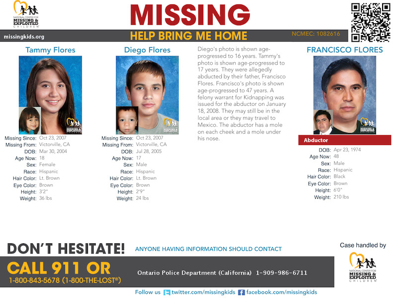 Tammy and Diego Flores were abducted on Oct. 2007 by their father, Francisco Flores