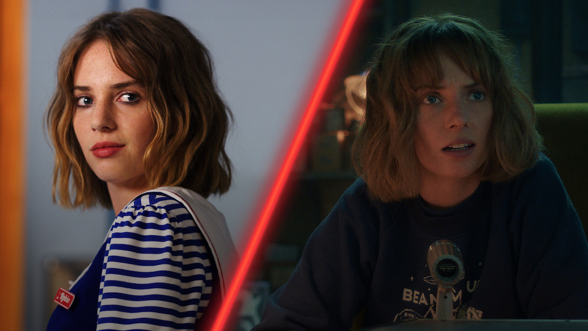 Diptych of Maya Hawke as Robin Buckley in ‘Stranger Things’ Season 3 and Season 5.