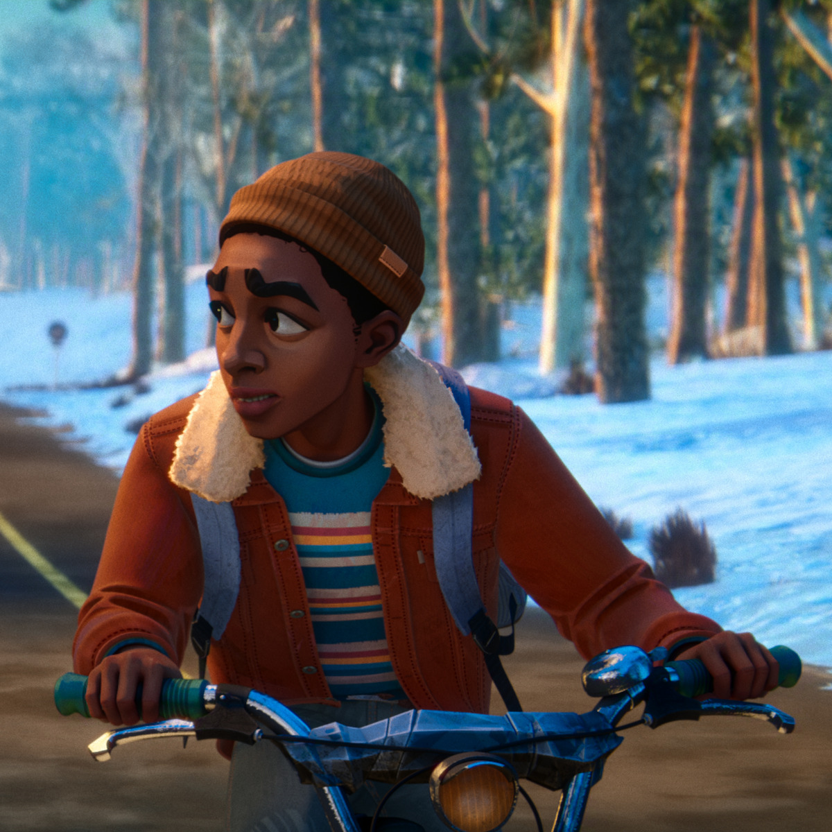 Animated character wearing a beanie, striped shirt, and orange jacket rides a bicycle through a snowy forest on a winter day, looking to the side with a concerned expression.
