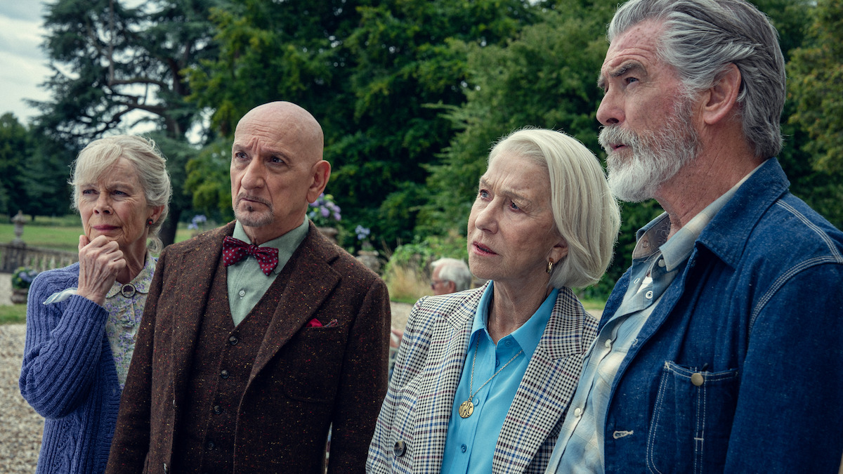 Celia Imrie, Sir Ben Kingsley, Helen Mirren, and Pierce Brosnan in ‘The Thursday Murder Club’