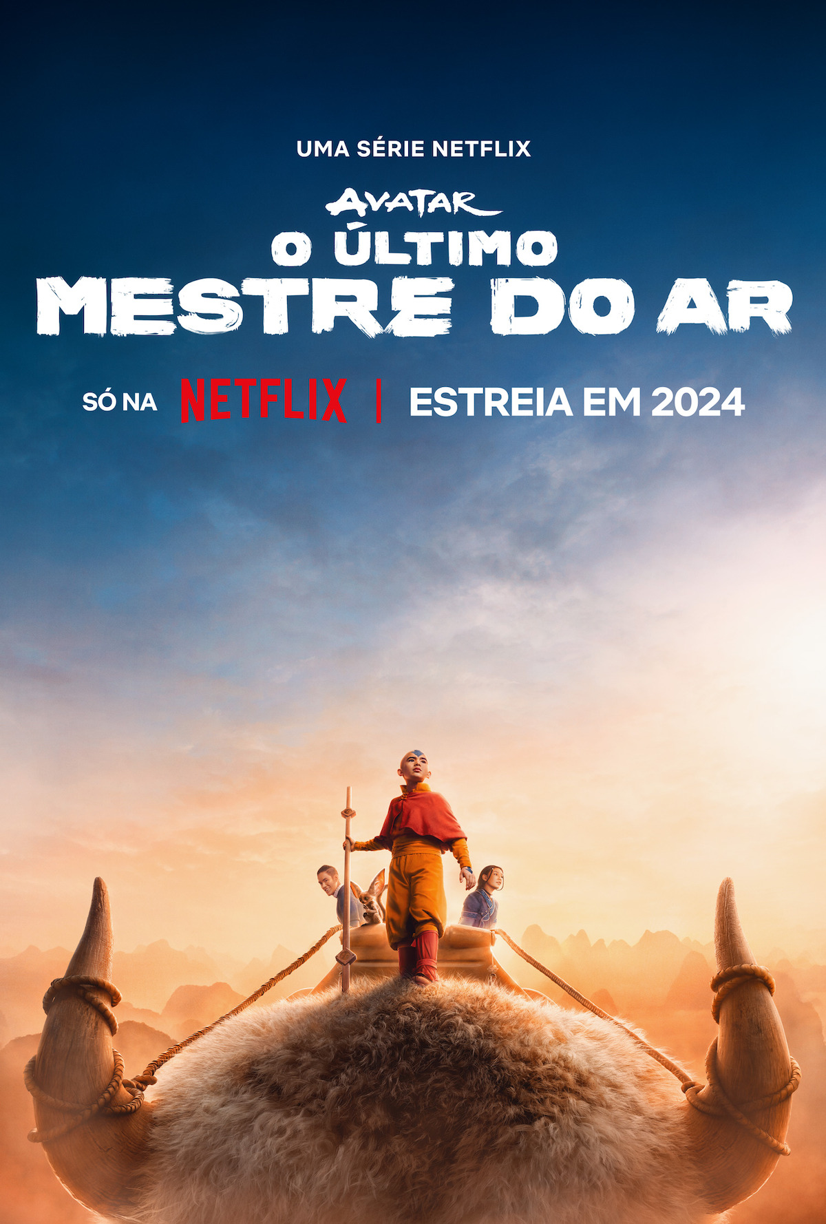 Gordon Cormier, no papel de Aang, aparece montado em Appa na arte principal da temporada 1 de ‘Avatar: O Último Mestre do Ar’