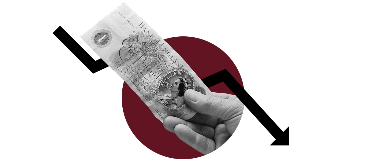 A picture of the British pound along with a downward arrow