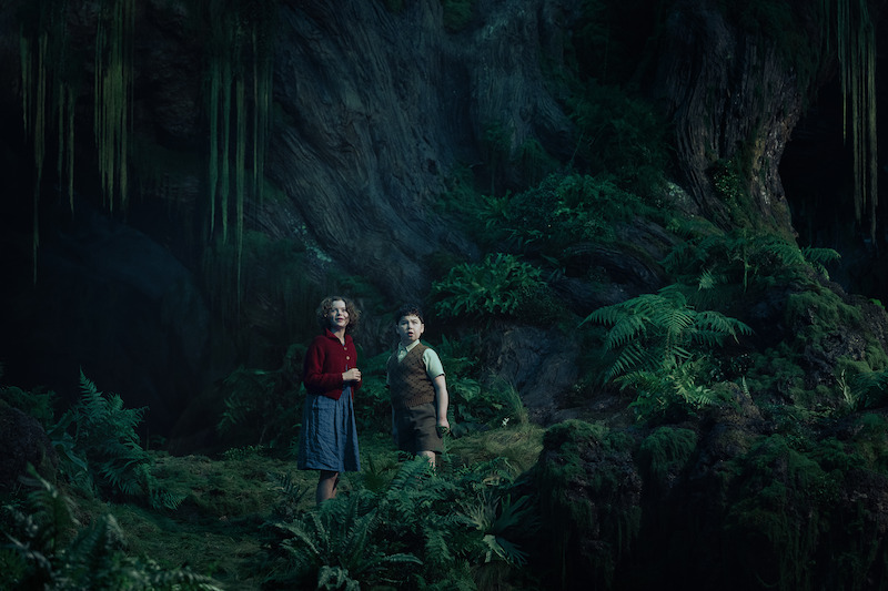 Two children stand together in a lush, green, mystical forest cave surrounded by ferns and moss, with large tree roots and hanging vines creating an enchanting atmosphere.