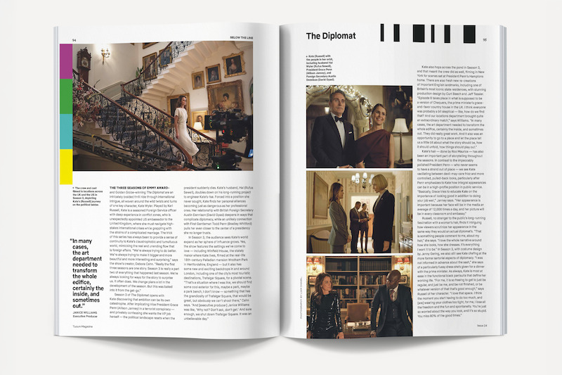 Magazine spread featuring a staircase scene with a woman in a gown, several framed portraits, and film crew; on the right, three scenes from "The Diplomat" showing people in elegant settings, along with descriptive articles and captions.