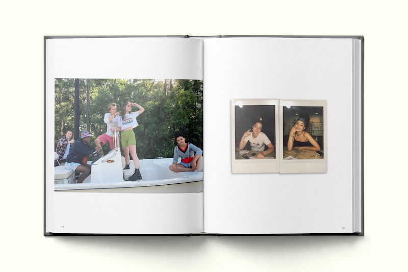 An open photo book showing a group of young people outdoors on the left page and two instant photos of individuals posing indoors on the right page.