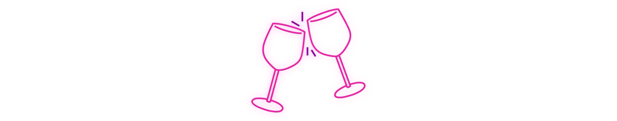 Two pink outline wine glasses clinking together in a celebratory toast on a transparent background.