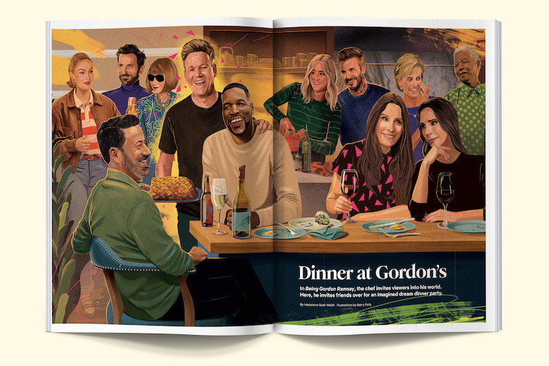 Illustrated spread featuring Gordon Ramsay's dream dinner party
