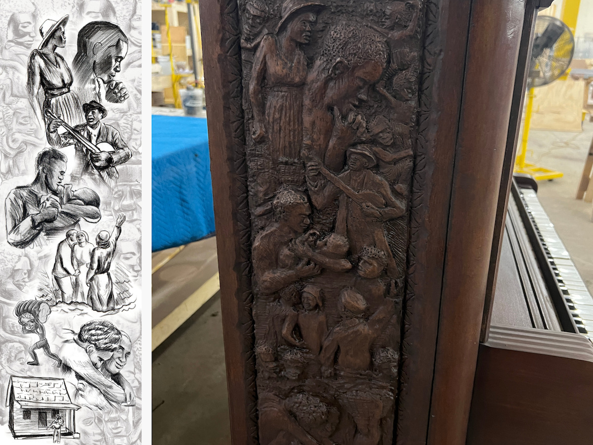 A sketch and a finished detail of the carvings for the piano in The Piano Lesson.