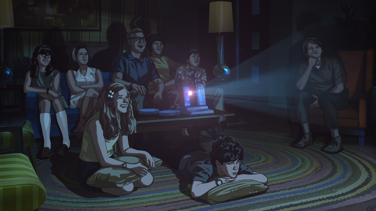A group of teens and adults watch a projection in a living room