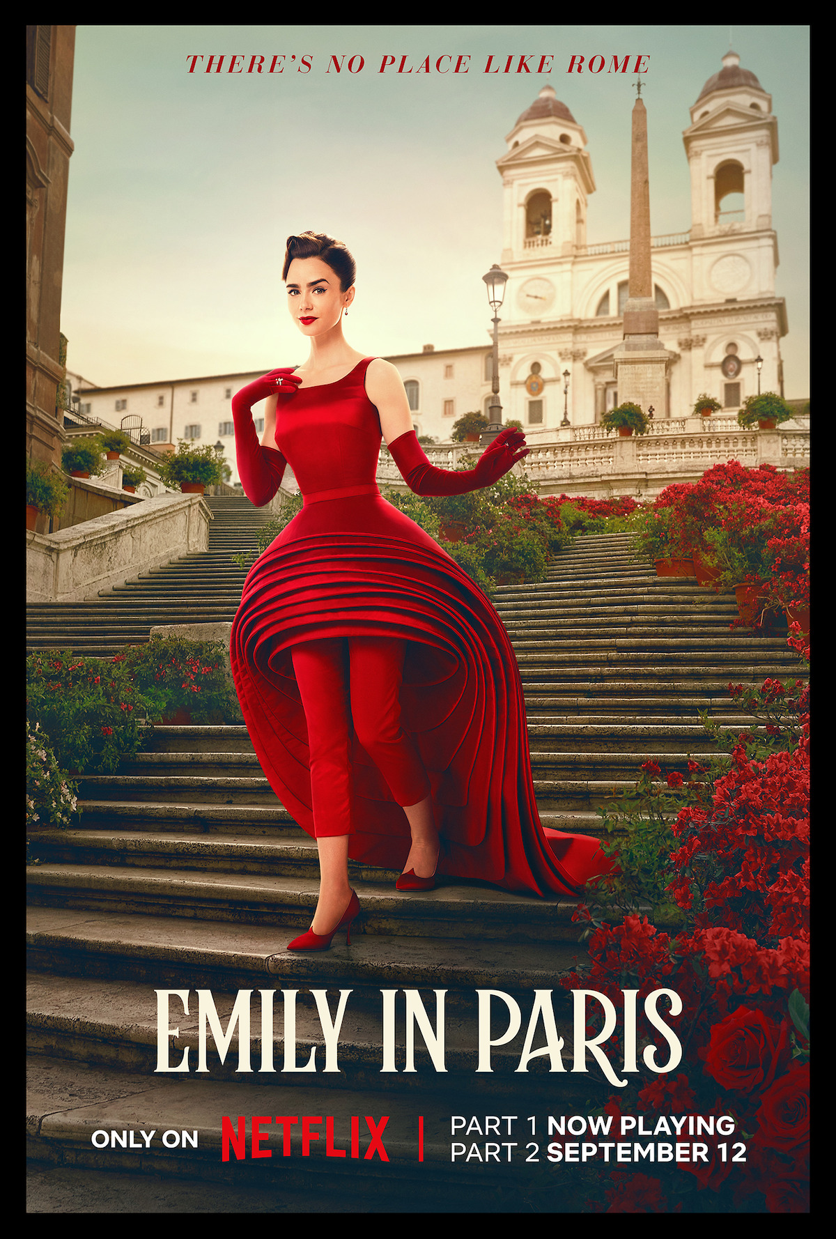 Key image for season 3 of “Emily in Paris” featuring Lily Collins as Emily in a black and white dress.