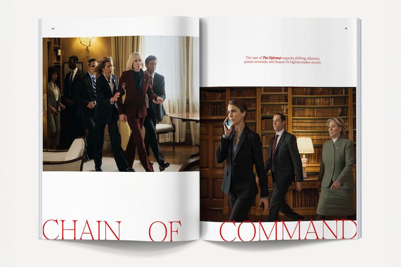 Magazine spread showing two scenes: a group of well-dressed people walking in an elegant, official-looking room, and three professionals in a wood-paneled office, with one woman talking on the phone. Text reads “Chain of Command.”