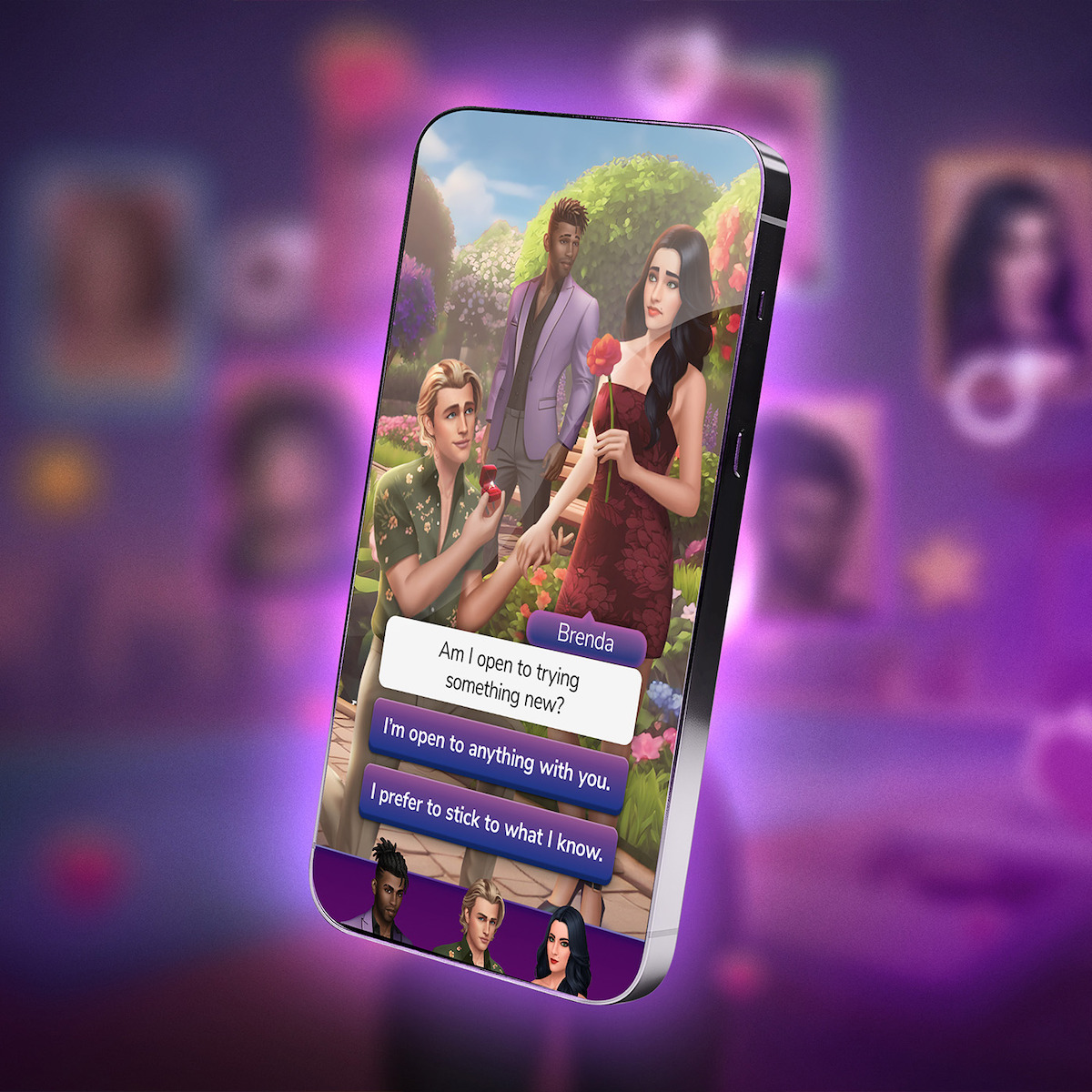 Game screenshot from the mobile game ‘The Ultimatum: Choices,’ embedded within a floating iPhone screen