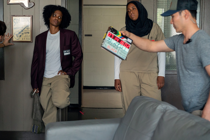 (L to R) Vicky Jeudy as Janae, Amanda Stephen as Alison on the set of Orange Is The New Black Season 5.