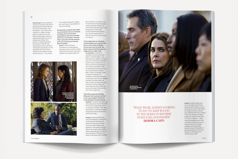 Magazine spread featuring scenes from a TV drama; includes four people sitting in a formal outdoor setting, women talking near a window, and a man and woman having a serious discussion outside, with text and quotes on the pages.