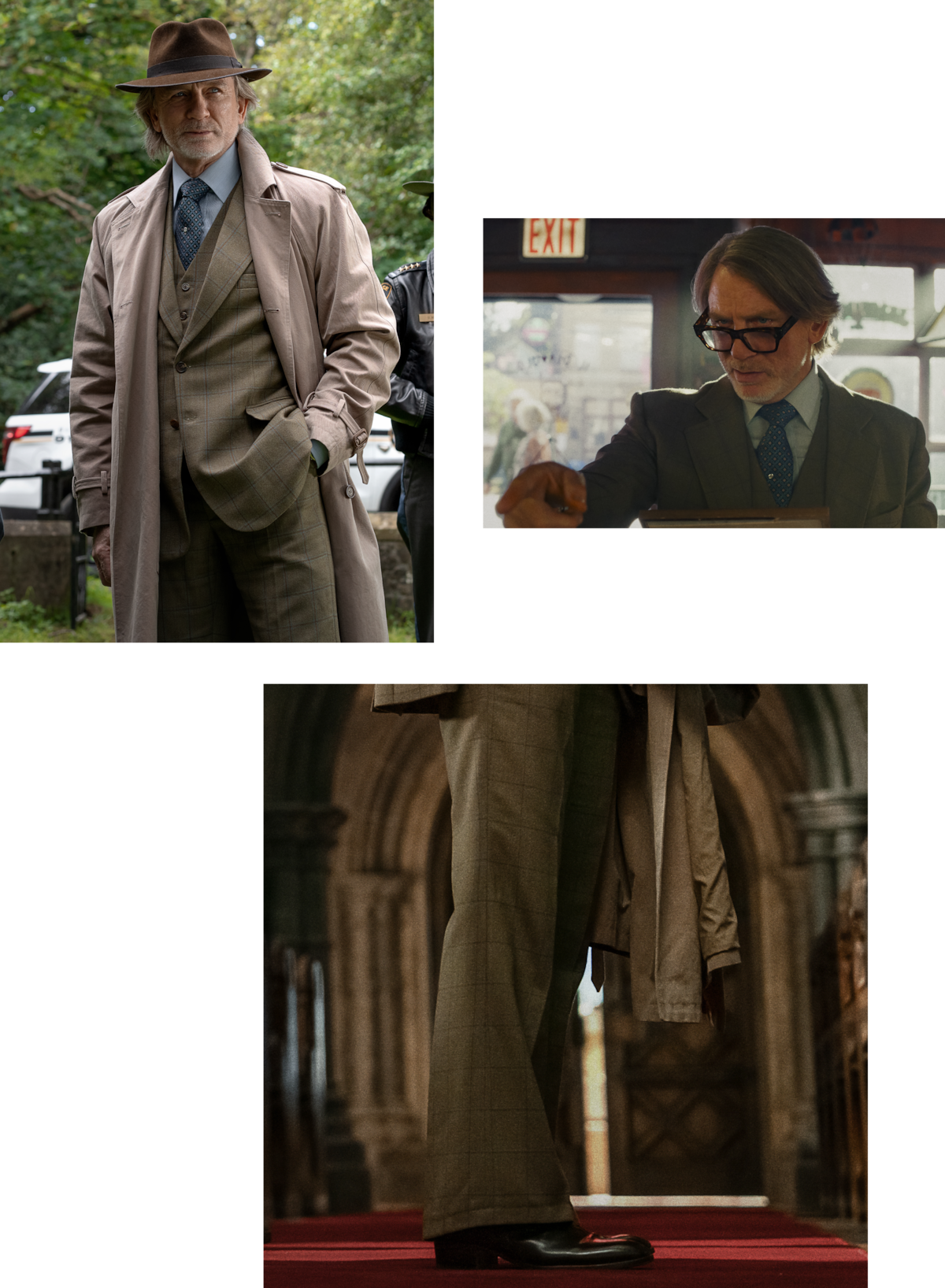 An older man in a beige suit and trench coat, wearing a fedora, appears outdoors, in a café, and walking indoors, giving a sophisticated, contemplative mood.