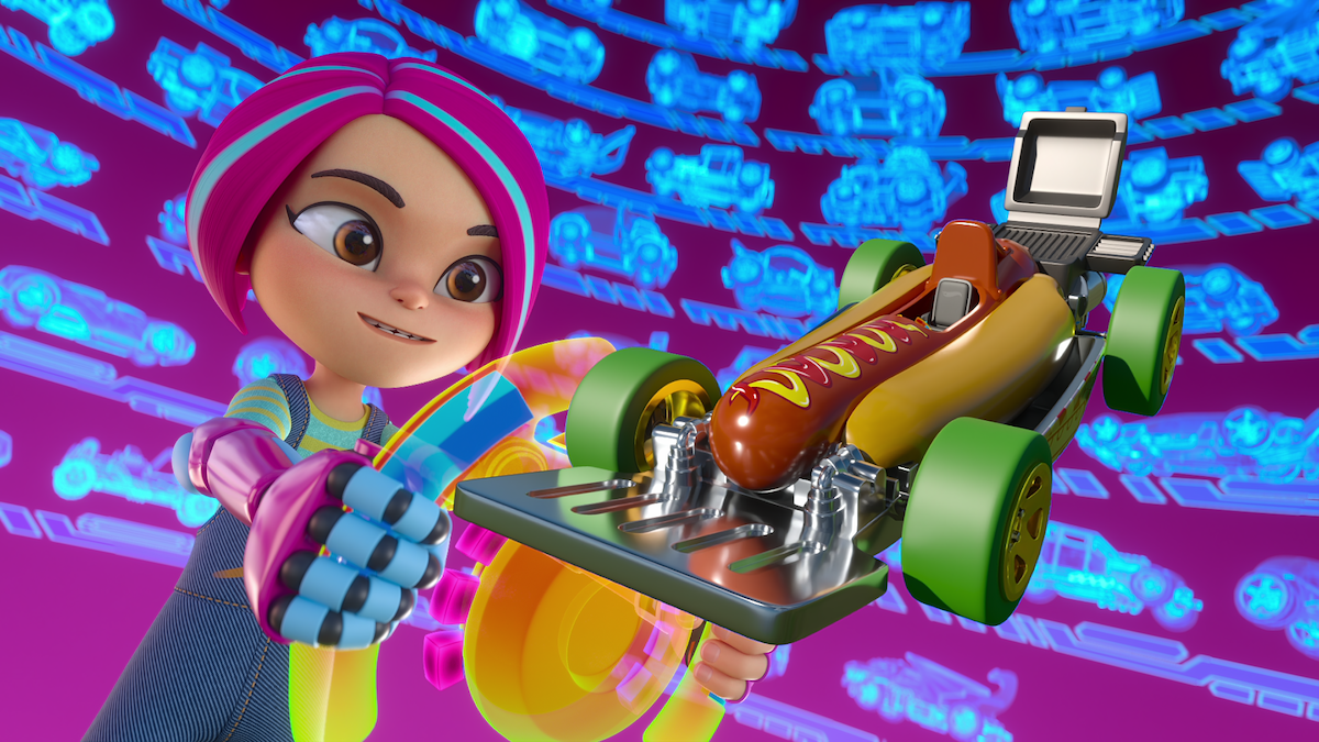 A girl holds a steering wheel with a model of a hotdog race car in 'Hot Wheels Let's Race'